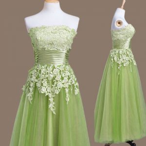 Lace Up Strapless Appliques Quinceanera Court of Honor Dress Tulle Sleeveless