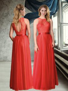Adorable Floor Length Red Quinceanera Court Dresses Tulle Sleeveless Lace and Belt