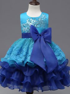 Lovely Tea Length Zipper Flower Girl Dresses Royal Blue for Wedding Party with Lace and Ruffled Layers and Bowknot