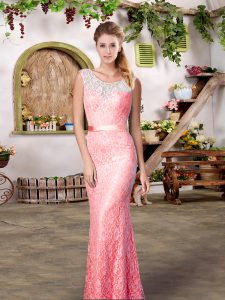 Stunning Sleeveless Floor Length Belt Backless Bridesmaid Dress with Watermelon Red