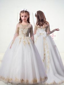 Low Price Scoop Half Sleeves Flower Girl Dresses Sweep Train Lace and Embroidery and Bowknot White Tulle