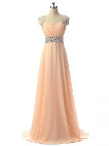 Popular Peach Empire Beading Formal Dresses Lace Up Chiffon Cap Sleeves Floor Length