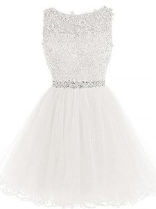 Latest White Tulle Lace Up Homecoming Gowns Sleeveless Mini Length Beading and Lace and Appliques