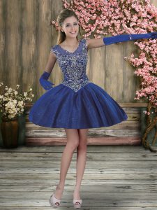 V-neck Sleeveless Prom Party Dress Mini Length Beading Royal Blue Tulle