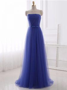 Noble Strapless Sleeveless Zipper Celeb Inspired Gowns Blue Tulle