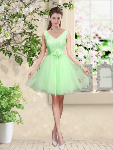 New Style Lace Up V-neck Lace and Belt Dama Dress for Quinceanera Tulle Sleeveless