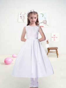 White Scoop Neckline Lace and Belt Toddler Flower Girl Dress Sleeveless Zipper