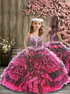 Custom Design Pink And Black Organza Lace Up Straps Sleeveless Floor Length Little Girl Pageant Dress Beading and Ruffle