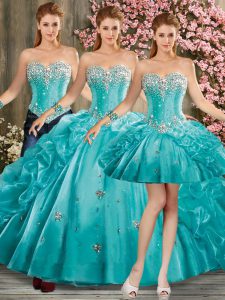 Smart Sleeveless Floor Length Beading and Pick Ups Lace Up Sweet 16 Dress with Aqua Blue