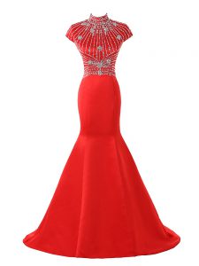 Dynamic Coral Red Mermaid Satin Halter Top Short Sleeves Beading Zipper Evening Outfits Sweep Train
