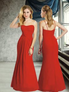 Charming Red Sleeveless Floor Length Ruching Zipper Bridesmaid Gown