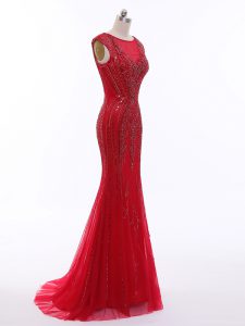 Romantic Sleeveless Beading Zipper Going Out Dresses with Red Brush Train