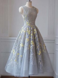 Modest Grey Prom Gown Prom and Party and Beach with Lace and Appliques Scoop Sleeveless Criss Cross