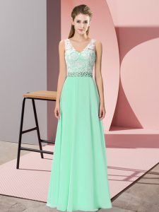 Comfortable Empire Prom Dress Apple Green V-neck Chiffon Sleeveless Floor Length Lace Up