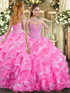 Organza Sweetheart Sleeveless Lace Up Embroidery and Ruffled Layers 15th Birthday Dress in Rose Pink