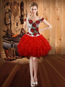 Red Satin and Tulle Lace Up Sweetheart Cap Sleeves Mini Length Beading and Appliques and Ruffles