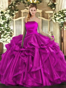 Fuchsia Ball Gowns Strapless Sleeveless Organza Floor Length Lace Up Ruffles Sweet 16 Quinceanera Dress