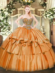 Nice Orange Organza Lace Up Vestidos de Quinceanera Sleeveless Floor Length Beading and Ruffled Layers