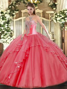 Floor Length Coral Red Ball Gown Prom Dress Sweetheart Sleeveless Lace Up