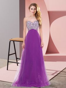 Sweetheart Sleeveless Prom Dresses Floor Length Beading Purple Tulle
