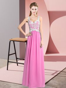 Affordable V-neck Sleeveless Floor Length Lace Rose Pink Chiffon