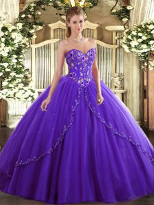 Glittering Sleeveless Tulle Brush Train Lace Up Sweet 16 Quinceanera Dress in Purple with Appliques and Embroidery