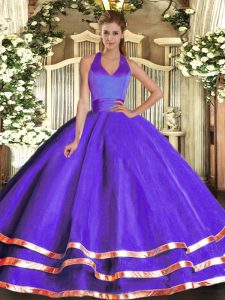 Sleeveless Floor Length Ruffled Layers Lace Up Sweet 16 Quinceanera Dress with Purple