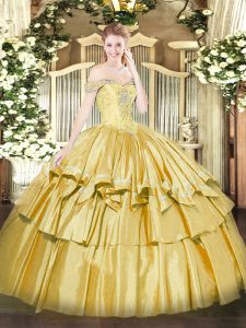 Gold Ball Gowns Beading and Ruffled Layers Quinceanera Dress Lace Up Organza and Taffeta Sleeveless Floor Length
