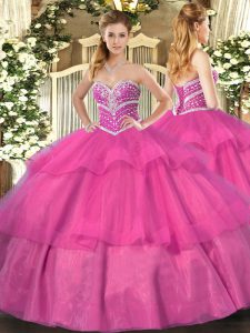Sleeveless Lace Up Floor Length Beading and Ruffled Layers Vestidos de Quinceanera