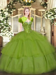 Custom Made Floor Length Olive Green Quinceanera Gowns Tulle Sleeveless Beading and Ruffled Layers