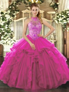 Fuchsia Ball Gowns Organza Halter Top Sleeveless Beading and Ruffles Floor Length Lace Up Quince Ball Gowns