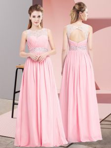 Beauteous Pink Chiffon Lace Up Prom Dress Sleeveless Floor Length Beading