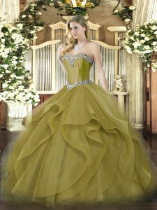 Fabulous Olive Green Sleeveless Beading and Ruffles Floor Length 15 Quinceanera Dress