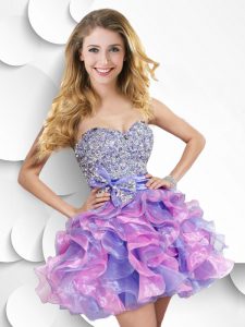 Beading and Ruffles and Bowknot Prom Evening Gown Multi-color Zipper Sleeveless Mini Length