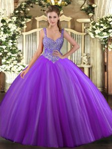 Purple Tulle Lace Up V-neck Sleeveless Floor Length Vestidos de Quinceanera Beading