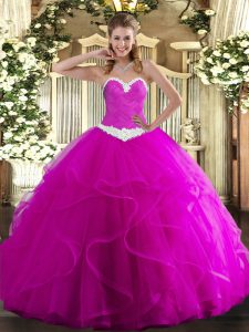 Fuchsia Ball Gowns Appliques and Ruffles Quinceanera Dress Lace Up Tulle Sleeveless Floor Length