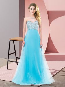 Delicate Aqua Blue Tulle Lace Up Prom Gown Sleeveless Floor Length Beading