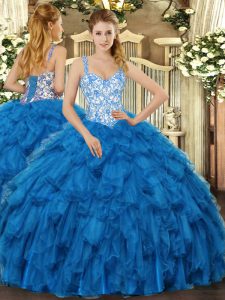 Sumptuous Beading and Ruffles Sweet 16 Quinceanera Dress Blue Lace Up Sleeveless Floor Length