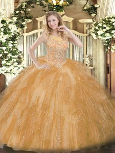 Attractive Gold Zipper Scoop Beading and Ruffles Ball Gown Prom Dress Tulle Sleeveless