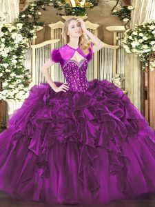 Sleeveless Floor Length Beading and Ruffles Lace Up 15 Quinceanera Dress with Purple