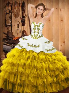 Sophisticated Gold Sleeveless Embroidery and Ruffled Layers Floor Length 15th Birthday Dress