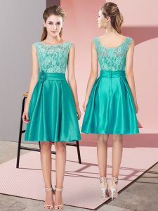 Dynamic Lace and Hand Made Flower Prom Dresses Turquoise Zipper Sleeveless Mini Length
