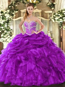 Purple Ball Gowns Beading and Ruffles and Pick Ups Quinceanera Gown Lace Up Organza Sleeveless Floor Length