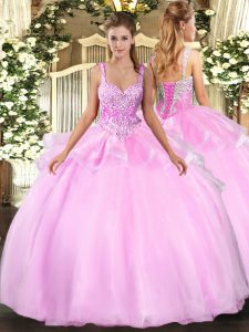 Fashionable Pink Sleeveless Floor Length Beading Lace Up Sweet 16 Dress