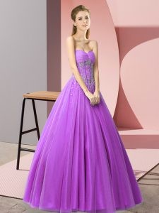 Purple Tulle Lace Up Sweetheart Sleeveless Floor Length Evening Dress Beading