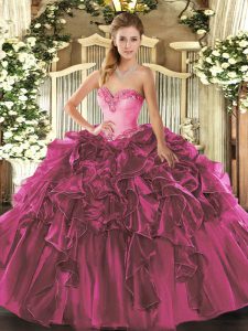 Charming Sleeveless Organza Floor Length Lace Up Vestidos de Quinceanera in Fuchsia with Beading and Ruffles