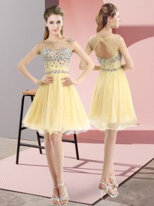 Mini Length Light Yellow Prom Gown Tulle Sleeveless Beading