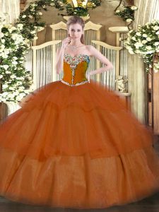 Rust Red Ball Gowns Tulle Sweetheart Sleeveless Beading and Ruffled Layers Floor Length Lace Up Sweet 16 Dress
