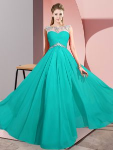 Turquoise Empire Chiffon Scoop Sleeveless Beading Floor Length Clasp Handle Prom Dresses