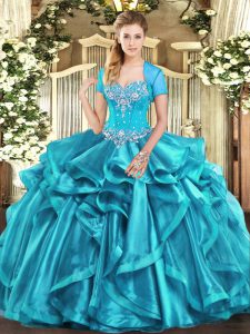 Artistic Sweetheart Sleeveless Sweet 16 Dresses Floor Length Beading and Ruffles Aqua Blue Organza